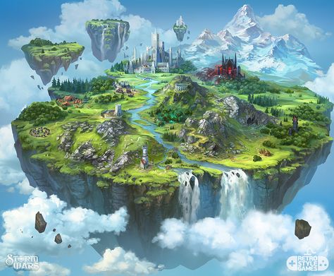 Storm Wars - Flying Island Map Illustration, Elena Konstantinova on ArtStation at https://www.artstation.com/artwork/odeEB Fantasy World Map, Fantasy Land, Floating City, Desain Lanskap, Fantasy Island, Island Map, Castle In The Sky, Fotografi Alam Semula Jadi, Fantasy City