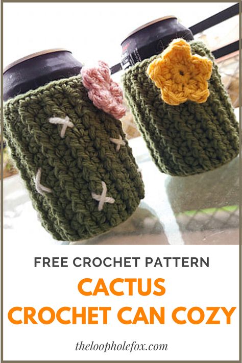 Keep your hands from getting too cold this summer with this crochet can cozy. This adorable cactus cozy is a crochet can koozie free pattern that works up quickly and is easy to customize for any personality. Create as many different cactus can cozy's as you like with this easy and free crochet pattern. Easily doubles as a crochet beer cozy to keep your beverage nice and cool this summer. #crochetcancozy #summercrochetideas #summercrochetpatterns #freecrochetpattern Can Cozies Crochet, Crochet Yeti Cozy, Crochet Cactus Cup Cozy, Diy Crochet Cup Cozy, Crochet Coffee Accessories, Easy Crochet Gifts Free Pattern, Beer Can Cozy Crochet Free Pattern, Tea Cup Crochet Pattern, Free Crochet Can Cozy Patterns