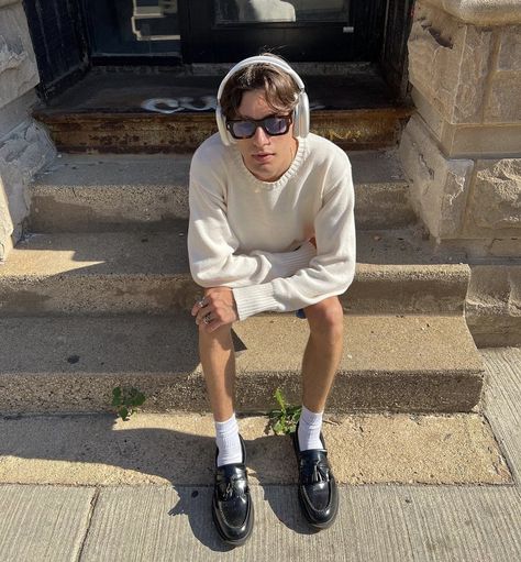 Boy With Headphones Aesthetic, Airpods Max Outfit, Takashi Murakami Pillow, Murakami Pillow, Loafers Outfit Summer, Preppy Boy Outfits, Headphone Outfit, Loafers Outfit, Airpods Max