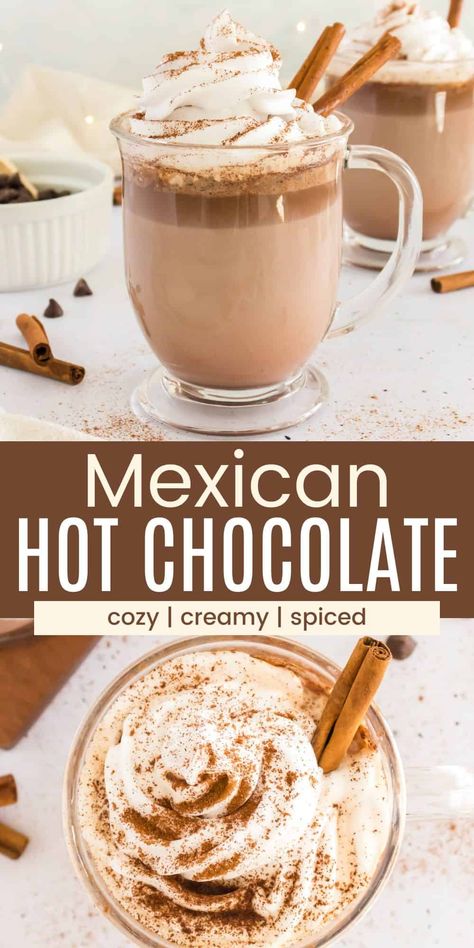 Cozy and warming Mexican Hot Chocolate is lightly spiced with cinnamon and contains a little kick of cayenne pepper for extra heat. This special take on hot chocolate uses real chocolate and whole milk plus lots of fluffy whipped cream to top it off. Crockpot Mexican Hot Chocolate Recipe, Homemade Mexican Hot Chocolate, Crockpot Mexican Hot Chocolate, Cinnamon Hot Chocolate Recipe, Mexican Hot Chocolate Crockpot, Mexican Hot Cocoa Recipe, Mayan Hot Chocolate Recipe, Mexican Hot Chocolate Cake, Mexican Hot Chocolate Mix