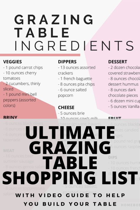 Want to build a grazing table, but don't know what to buy? This is your guide with the ultimate printable grazing table shopping list. This food list includes all the food and exact quantities you'll need for a table that feeds 25 people. Plus, a video to help guide you on the entire process of building your grazing table. Charcuterie 40 People, Graze Table Shopping List, Grazing Table Menu Ideas, Charcuterie Food List, Charcuterie Board Per Person, Party Food For 40 People, Charcuterie Board Ideas For 50 People, Charcuterie List Printable, Grazing Table Food List