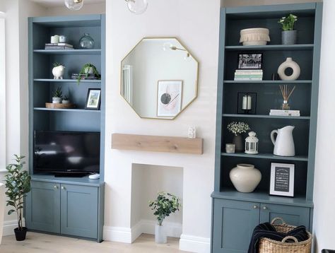 Painted Alcoves, Future House Living Room, Alcove Storage Living Room, Alcove Ideas Living Room, Alcove Ideas, Wood Burning Stoves Living Room, South Woodford, Alcove Storage, Alcove Cupboards