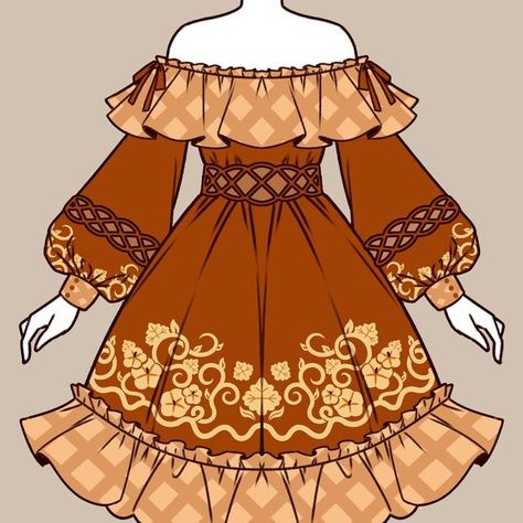 NYAHALLO 🐈‍⬛ on Instagram: "Traditional pumpkin pie dress 🍂🎃🍁🥧 I wanted to design a simple, rustic dress inspired by autumn, and pumpkin pie is an obvious choice!! I actually didn't like this design at first when I doodled it yesterday, however it has grown on me :O It's simple, but so classic and wearable!!! I love the "pie" patterns on the frills, and the addition of guipere lace around the waist area and breaking up the sleeves. If this dress gets made, it would be made of cotton and gui Pumpkin Inspired Outfit, Autumn Inspired Fantasy Dress, Autumn Character Design, Pumpkin Dresses, Pie Patterns, Harvest Dress, Traditional Pumpkin Pie, Rustic Dress, Draw Reference