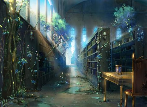 Anime Original Wallpaper Abandoned Library, Magical Library, Library Pictures, Library Aesthetic, Anime Backgrounds Wallpapers, Fantasy Places, Urban Fantasy, Backgrounds Desktop, Fantasy Landscape