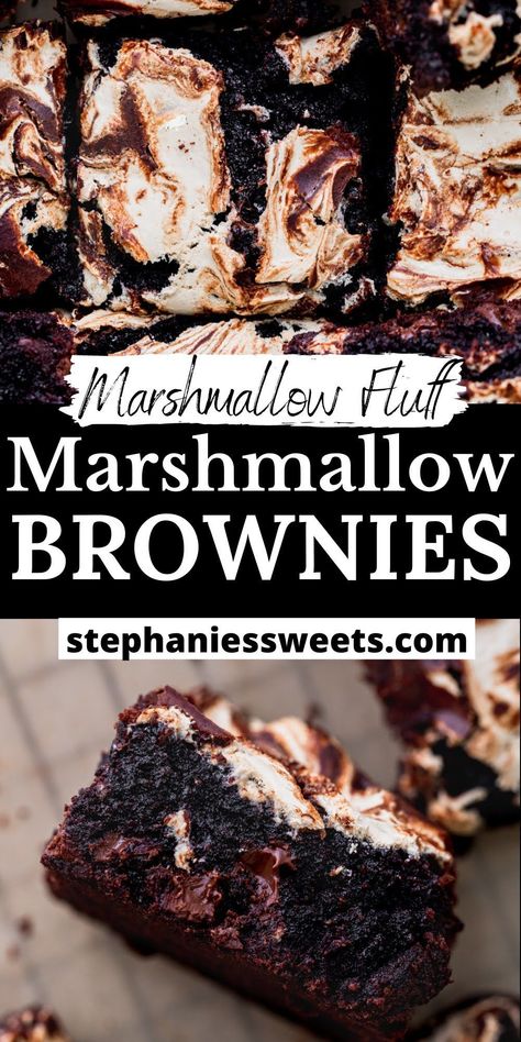 These fudgy marshmallow brownies are ultra fudgy and full of chocolate chips. Brownies and marshmallow fluff are all swirled together before baking. Baking Recipes Desserts Chocolate, Marshmallow Cream Brownies, Deserts Using Marshmallows, Deserts Recipes Brownies, Snacks With Marshmallow Fluff, Best Sweet Treats, Baking With Marshmallow Fluff, Treats With Marshmallow Fluff, Dessert Brownies Recipes