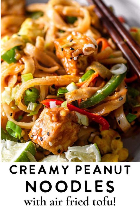 Tofu Peanut Bowl, Peanut Noodles With Tofu, Vegan Rice Noodle Dishes, Tofu Peanut Noodles, Vegan Rice Noodle Recipes, Vegan Peanut Noodles, Vegan Satay, Tofu Meals, Satay Noodles