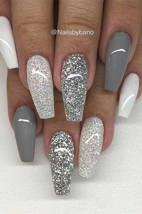 (paid link) How To Remove Nail Ideas Acrylic  For Fall The Right Way At Home!>>> Check for Today Deals! Updos Prom, Grey Nails, Grey Nail Designs, White Glitter Nails, Homecoming Nails Acrylic, Gray Nails, Hair Prom, Nail Designs Glitter, Sparkly Nails