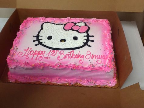 Sheet cake with hello kitty piping Hello Kitty Rectangle Cake Design, Hello Kitty Birthday Sheet Cake, Hello Kitty Birthday Cake Rectangle, Hello Kitty Sheet Cake Ideas, Hello Kitty Birthday Cake Buttercream, Hello Kitty Cake Square, Hello Kitty Graduation Cakes, Hello Kitty Cakes Birthday, Hello Kitty Sheet Cake