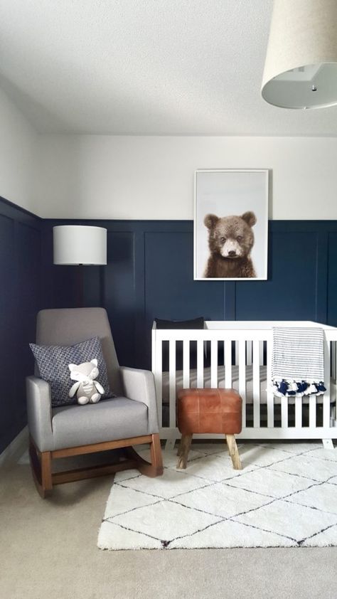 I am so excited to present our Modern Bear Woodland Nursery! This project is very special as it is for our second baby, this time a boy! I knew I wanted to use a deep dark navy blue, hunter green, gray and a touch of leather and wood. The jumping off point was definitely the large bear print and the idea of creating a warm cocoon like feeling to cuddle our newborn. I knew incorporating a large scale tree art print was also a must because being surrounded by nature is so grounding. Navy Nursery Boy, Grey Nursery Boy, Navy Nursery, Baby Boy Room Nursery, Blue Bear, Grey Nursery, Rug Ideas, Blue Nursery, Nursery Baby Room