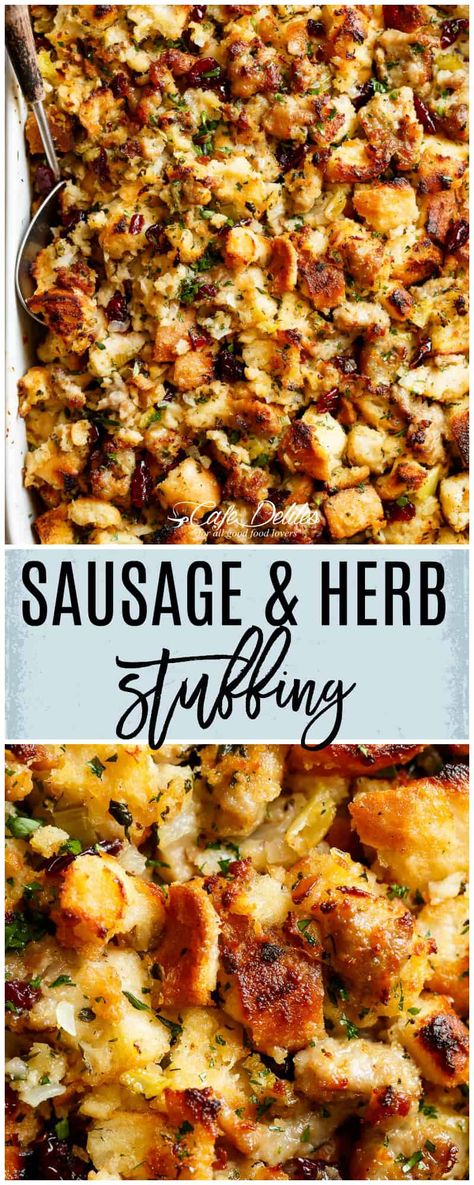 Sausage And Herb Stuffing, Sausage Stuffing Recipe, Homemade Stuffing, Stuffing Recipes For Thanksgiving, Thanksgiving Food Sides, Sausage Stuffing, Herb Stuffing, Cafe Delites, Thanksgiving Dinner Recipes