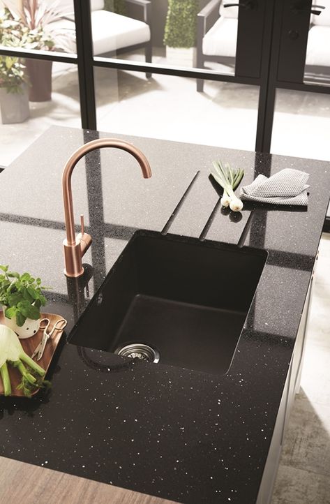 Here is our Lamona Black granite composite sink with Brushed Copper Effect Alvo tap. Visit Howdens to design your dream kitchen. Kitchen Sink Install, Two Tone Kitchen Cabinets, Granite Composite Sinks, Composite Sink, Black Kitchen Sink, Granite Kitchen Sinks, Two Tone Kitchen, Glass Sink, Brushed Copper