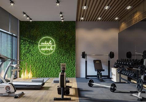 Home Gym Studio Ideas, Gym Grass Wall, Dream Gym Design, Home Gym Ideas Weights, Sport Home Decor, Inside Home Gym Ideas, Concrete Gym Interior, Home Gym Feature Wall, Gym Designs For Home