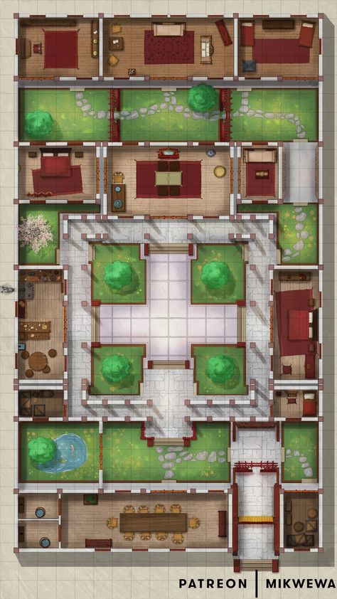 Mansion Battlemap, Chinese Courtyard House, Japanese Courtyard House, Mansion Houses, Traditional Chinese House, Courtyard Houses, Chinese Courtyard, Chinese House, Building Map