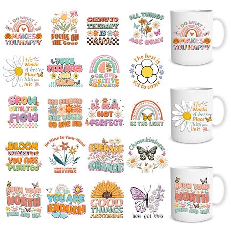 PRICES MAY VARY. [Retro Groovy UV DTF Cup Wrap Stickers] You will get 20 sheets retro groovy UV DTF cup wraps stickers. UV DTF cup wraps stickers have flower, inspirational quotes, butterfly, mental health and other patterns. You can use these UV DTF transfer stickers to decorate the 11 oz coffee mug around you. These 11 oz mugs decorated with UV DTF Cup Wrap will become eye-catching [Excellent Gift] The inspirational uv dtf cup wraps for 16 oz measures approximately 8x8cm/3.1x3.1 inches, perfec Uv Dtf Cup Wrap, Product Moodboard, Cup Business, Hantverk Diy, Butterfly Decal, Cup Wraps, Sublimation Ideas, Wrap Ideas, Mug Decorating