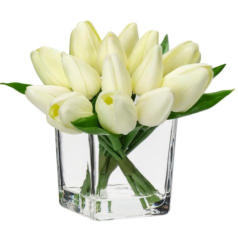 PRICES MAY VARY. 🌷【Light Floral Scent】 Our real touch tulips silk flowers bouquets are made of real touch PU fabric combined with special floral fragrance adding process,so every tulip artificial flowers real touch that you receive will exude a light floral fragrance and these scents are non-toxic. 🌷【Handcrafted Arrangement】Each tulips flowers with clear glass vase is handcrafted. Padded square glass vase with sturdy bottom . The acrylic water makes the tulips stems stick well to the glass vas Artificial Flower Arrangements Centerpieces, Fake Tulips, White Tulip Bouquet, Artificial Flower Centerpieces, Table Centerpiece Wedding, Square Glass Vase, Small Flower Arrangements, Tulips Arrangement, Wedding Home Decor