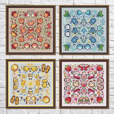 Pack 4 seasons Patchwork, cross stitch pattern, Sampler, summer, winter, autumn, spring, PDF, instant download, PATCH56-57-58-59  Pattern specifications  Design size is almost 115w x 115h stitches for each one Stitches Used: cross stitch, few backstitch Number of DMC Floss Used: almost  26 for each one  What do you get when buying the pattern  This is a digital item. The PDF file of the pattern will be available for instant download once payment is confirmed. Instant Digital Download: 2 PDF incl Monochromatic Cross Stitch, Cross Stitch Freebies Free Downloads, Stranger Things Cross Stitch, Cross Stitch Patch, Kawaii Cross Stitch, Autumn Cross Stitch Patterns, Cross Stitch Sampler Patterns, Cross Stitch Border Pattern, Disney Cross Stitch