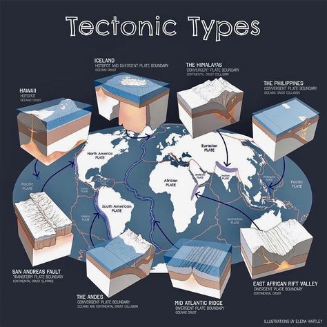 The different types of plate tectonic boundaries. A work of Elena Hartley. Art History Worksheets, Basic Geography, Earth Science Lessons, Plate Boundaries, مشروعات العلوم, History Worksheets, Physical Geography, Geography Map, Geography Lessons