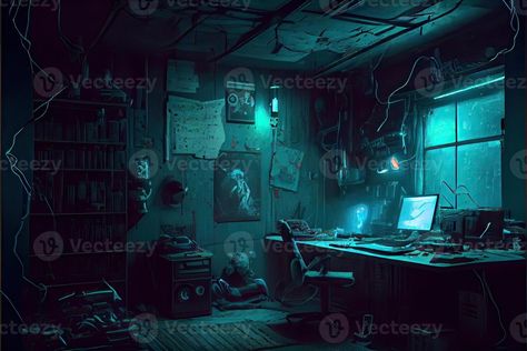 illustration of messy and dark cyberpunk hacker hideout room with lights Cyberpunk Police, Hacker Room, Room With Lights, Cyberpunk Hacker, Cyberpunk Background, Dark Cyberpunk, Cyberpunk Room, Photography Room, Setup Ideas