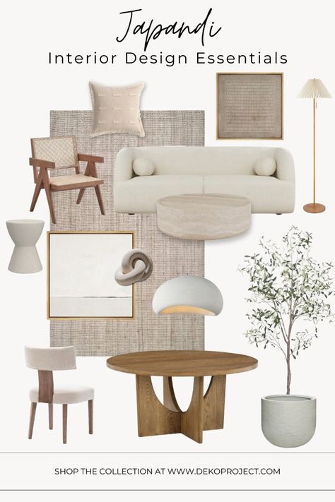 Neutral Japandi Living Room, Japandi Aesthetic Interior, Materials Board Interior Design Bedroom, Japandi Interior Design Moodboard, Organic Scandinavian Interior, Japandi Modern Interior Design, Neutral Rustic Living Room, Tranquil Interior Design, Japandi Furniture Design