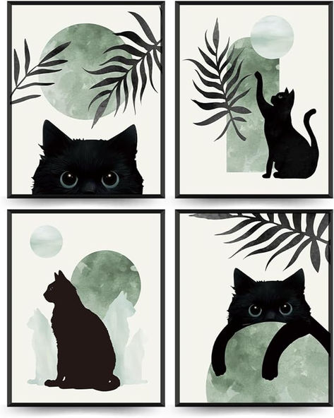 PLKMK Black Cat Decor Set of 4 - Boho Wall Art, Cute Black Cat Sage Green Wall Art Aesthetic decor, Cat Poster, Green And Black Room Decor, Cat Themed Gifts for Cat Lovers, 8x10 (Unframed) Black And White And Green Aesthetic, Green And Black Room Decor, Cat Themed Room Decor, Sage Green Cat Aesthetic, Black And White Cat Painting Acrylic, Black Cat Green Eyes Art, Black Cat Boho Canvas Art, Black Room Decor, Black Cat Decor