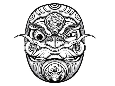 Japanese Daruma Tattoo Design, Daruma Tattoo Design, Hanya Mask Tattoo, Daruma Tattoo, Tengu Tattoo, Tato Mandala, 2024 Tattoo, Hannya Mask Tattoo, Japanese Mask