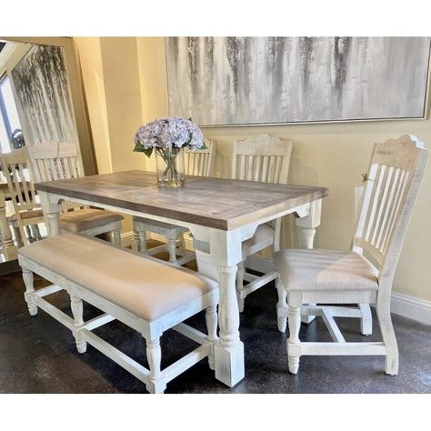 Rosalind Wheeler Mcgruder 6 - Person Pine Solid Wood Dining Set | Wayfair Kitchen Tables Farmhouse, Farmhouse Table And Chairs, Farmhouse Kitchen Table, Breakfast Nook Dining Set, Contemporary Dining Sets, Nook Dining Set, Farmhouse White, Solid Wood Benches, Wood Table Bases