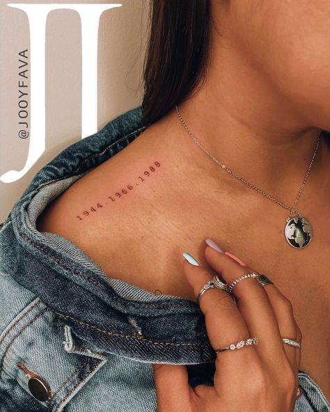 Siblings Birth Year Tattoo, Roman Numeral Tattoo Placement Women, Date Rib Tattoo, Simple Date Tattoos, Top Shoulder Tattoo, Motherhood Tattoos, Tato Minimal, Tattoos Inspo, Date Tattoos