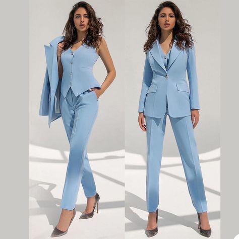 Women Suits Prom, Light Blue Suit, Business Dress Women, Light Blue Pants, Diy Vetement, Tuxedo Style, Business Pants, Woman Suit Fashion, Pantsuits For Women