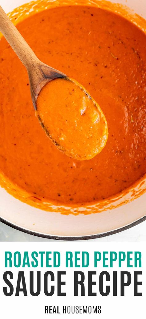 Roasted Red Pepper Sauce is a flavorful sauce that isn't just for pasta! Jazz up everything from pizza to sandwiches and so much more! #Realhousemoms #roasted #redpepper #sauce #savory #roastedredpepper #garlic #onion #basil Bucatini With Rose Red Pepper Sauce, Capsicum Pasta Sauce, Bell Pepper Pasta Sauce Recipes, Vegan Red Pepper Sauce, Roasted Red Pepper Pizza Sauce, Roasted Capsicum Pasta, Pasta With Red Pepper Sauce, Vegan Roasted Red Pepper Sauce, Roasted Pepper Sauce Pasta