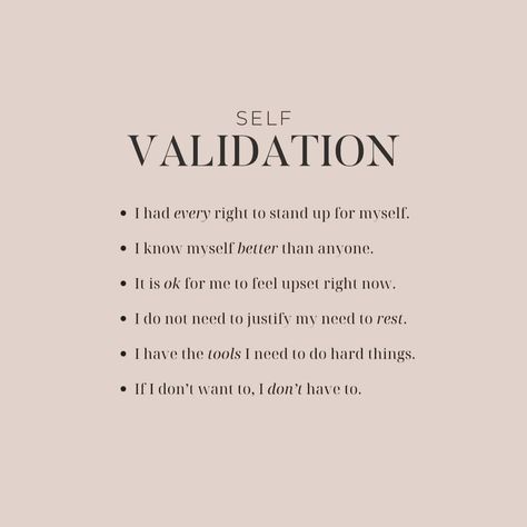 Self-validation 🌟 Self-validation is about recognizing and affirming your own feelings, achievements, and worth without relying on external approval. It's about trusting your instincts, honoring your experiences, and believing in your abilities. By practicing self-validation, you build a solid foundation of self-confidence and resilience, enabling you to navigate life's challenges with inner strength. #SelfValidation #InnerConfidence #TrustYourself #OwnYourWorth #InnerStrength What Is Validation, Self Confidence Affirmation, Motivation For Self Confidence, Confidence Building Affirmations, How To Stop Needing Validation, Improving Self Confidence, Self Validation Activities, How To Self Validate, How To Build Self Trust