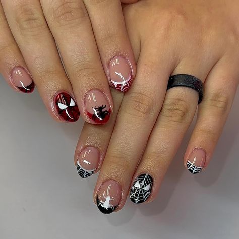 I will never say no to Spider-Man nails 🥹❤️❤️ Builder Gel Manicure : $50 Art x 10 : $45 Total : $95 Spider Man Nails Men, Spider Themed Nails, Short Spider Man Nails, Almond Spider-man Nails, Nail Spider Man, Nail Designs Spiderman, Spiderman Nails Short, Short Spiderman Nails, Spider Man Nails Short