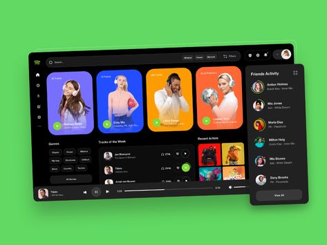 Spotify App by Nicholas.design for Steelmonk on Dribbble Spotify Design Ideas, Spotify Redesign, Spotify Design, Dashboard Examples, Digital Dashboard, Collaborative Workspace, 포트폴리오 레이아웃, Desain Ui, Yearbook Themes