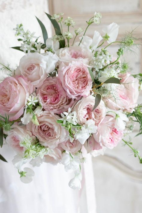 Pink Peony And Rose Wedding Bouquet, David Austin Wedding Roses, Pink And Ivory Wedding Bouquet, Light Pink And White Flower Bouquet, Blush Pink Wedding Ideas, Champagne Rose Bouquet, Light Pink And White Wedding, Pink Wedding Bouquet Ideas, Bridal Bouquet Pink And White