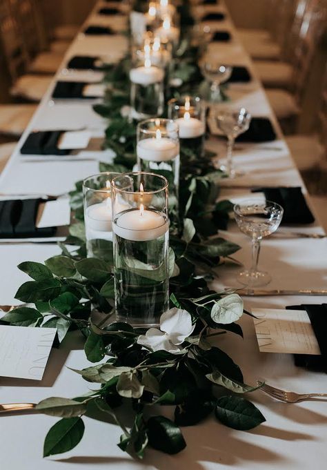 Long Wedding Tables With Greenery, Long Greenery Centerpiece, Dark Flowers Wedding Table Settings, Black Square Candle Holder Wedding, Rectangle Head Table Wedding Decorations, Dark Eucalyptus Wedding, Wedding Table Long Candles, Low Lush Wedding Centerpieces, Dark Greenery Wedding Centerpieces