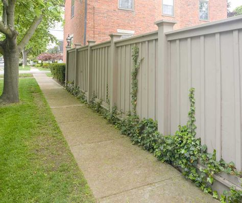 Hardie Board Fence Ideas, Property Privacy Fence Ideas, Board And Batten Fence Ideas, Colonial Fence Ideas, Front Privacy Fence Ideas, Vinyl Fencing Ideas Backyards, Board And Batten Fence, Privacy Fence Styles, Retaining Wall With Fence On Top