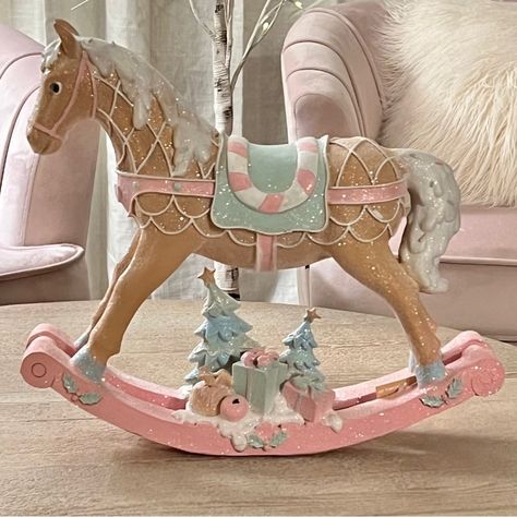 New Whimsical Gingerbread Pastel Pink Rocking Horse Christmas New. Dimensions: 15.9" L X 14.6" H Pink Gingerbread Decorations, Pink Rocking Horse, Pink Christmas Fireplace Decor, Pink Christmas Front Porch, Pink Christmas Outdoor Decorations, Kawaii Christmas Decor, The Nutcracker Christmas Decor, Pastel Gingerbread Christmas Decor, Candyland Nutcracker