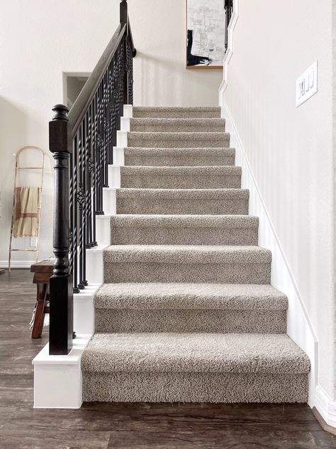 Carpet Stairs With Hardwood Floors, Carpet Steps With Hardwood Floors, Carpet Stairs To Wood Floor Transition, Flooring On Stairs Ideas, Carpet On Steps With Wood Floors, Painting Carpeted Stairs, Flooring Ideas For Stairs, Accent Carpet Stairs, Stairway With Carpet