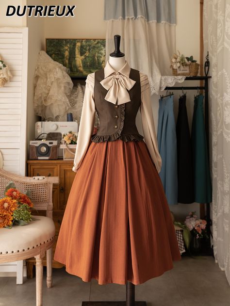 Spring and Autumn All-Match A Line Fashion Ladies' Casual Skirts Solid Color Simple Elegant Long Cute Old Dresses, 1890s Outfits, Hobbit Skirt, Orange Dress Aesthetic, Autumn Wedding Outfit, Vintage Dresses 1800, Orange Clothes, Orange Clothing, Orange Outfits