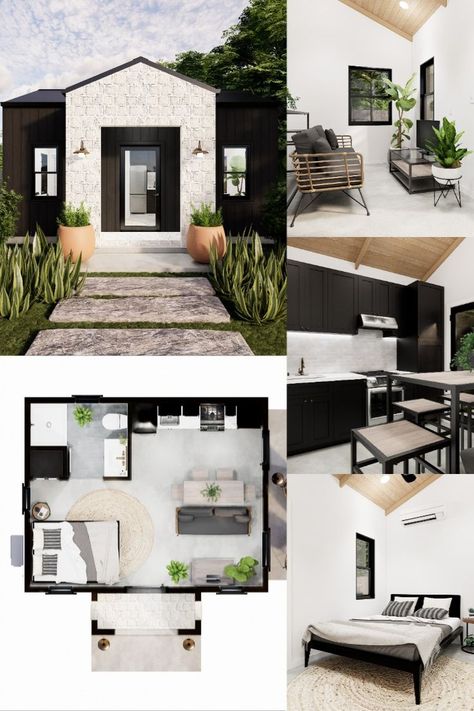 Modern Guest House ADU Plans with a California vibe. Modern Tiny House Layout, Guest House Apartment, Guest House Entrance, Small Modern Guest House, Modern Casitas Guest House, Adu Designs Modern Interior, Adu In Backyard, Modern Farmhouse Guest House, Tiny House Architecture Design