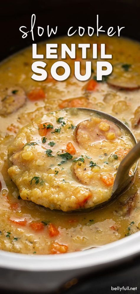 Lentil Bean Soup Crockpot, Lentil Soup With Kielbasa, Soups In Slow Cooker, Keto Lentil Recipes, Red Lentil Crock Pot Recipes, Legume Soup Recipes, Lintels Recipes, Lentil Kielbasa Soup, Sausage Lentil Soup Crockpot