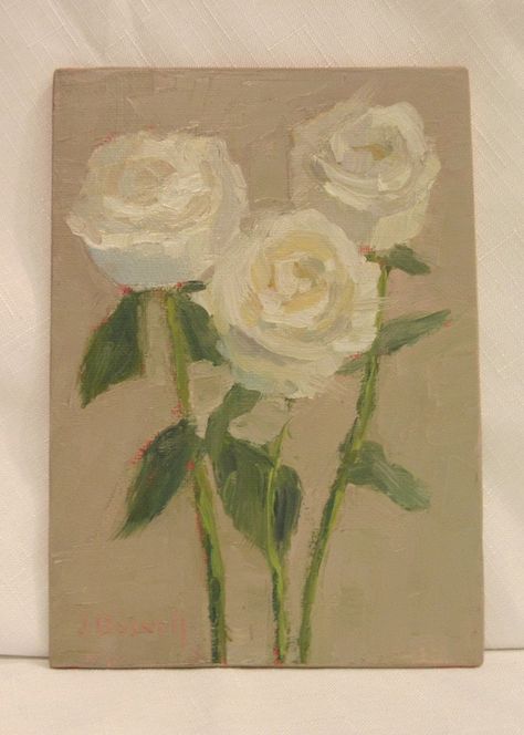 "White Roses Still Life Kitchen Painting Unique Painting Original oil painting 7x5\"x.25 on canvas panel signed front and back \"Three White Roses Series Two\" I love painting roses and floral still lifes and painted this using palette knife and thick brushstrokes! This painting can be propped as is on a shelf or dresser or easily and affordably framed by using any 5x7 photo frame, taking out the glass and placing the panel in! I am a member of the Santa Barbara Art Association and an associate Easy Classy Paintings, Paintings Of Roses Acrylic, Rose Drawing Painting, Small Textured Canvas Art, Mini Rose Painting, White Rose Painting Easy, Oil Pastel Roses, Coquette Canvas Painting, White Roses Drawing