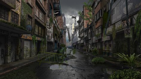 ArtStation - Post-apocalyptic Street - Matte Painting Post Apocalyptic Setting, Post Apocalyptic Art Concept, Streets Photography, Post Apocalyptic Movies, Post Apocalyptic City, City Streets Photography, Post Apo, Post Apocalyptic Art, 3d Isometric