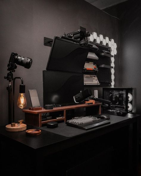 Last setup update of the year! Got a new pc, microphone, boom arm and changed the overall theme of the setup. From orange and black to… | Instagram Black Pc Setup, Black Setup, Micro Office, Black To Black, Gaming Computer Room, Setup Inspiration, Gaming Rooms, Office Idea, New Pc