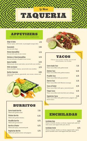 free Design Templates - MustHaveMenus (4598 found) Tacos Menu Design, Taqueria Design, Tacos Menu, Mexican Restaurant Design, Taco Restaurant, Menu Design Template, Templates Free Design, Green Accents, Mexican Restaurant