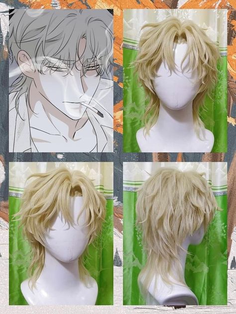 Anime Men Hairstyles Drawing, Male Wig Cosplay, Ahoge Hair In Real Life, Fantasy Hair Male Wig, Lyney Genshin Hairstyle, Anime Haircut Men, Men Hairstyle Reference, Anime Wig Hairstyles, Chose Hairstyle Jjk