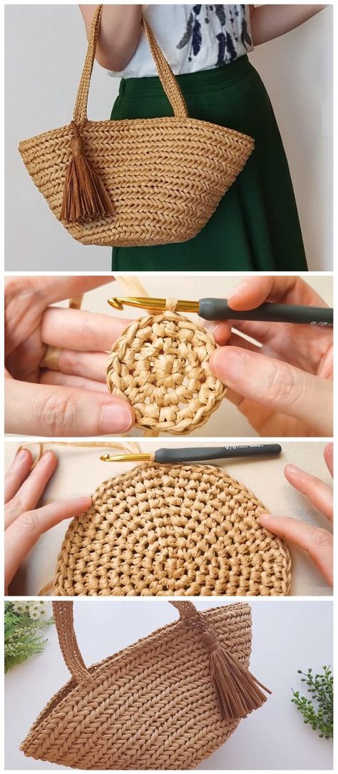 Herringbone Bag Crochet Tutorial - Design Peak Basket Bag Crochet, Raffia Bag Crochet Pattern, Crochet Rope Bag, Crochet Bag Raffia, Crochet Raffia Bag Pattern, Tutorial Crochet Bag, Basket Bag Pattern, Raffia Bag Pattern, Crochet Basket Bag