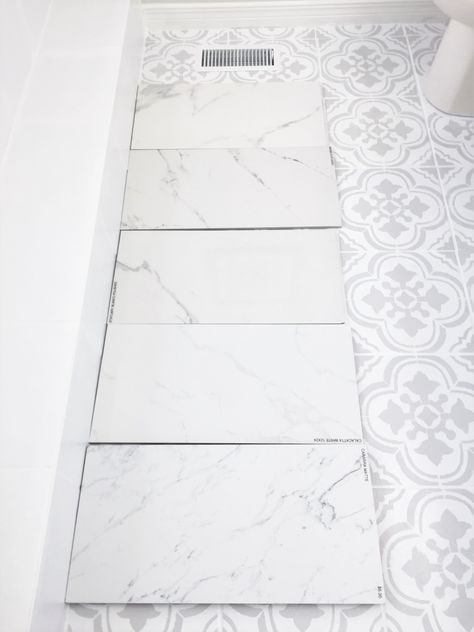 Stenciled Tile Floor, Master Bath Tile, Best Bathroom Flooring, Porcelain Tile Bathroom, Marble Bathroom Floor, White Porcelain Tile, White Marble Bathrooms, Marble Tile Bathroom, White Marble Floor