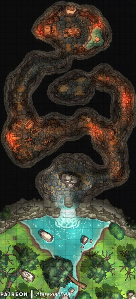 Get this map and a version of the top of the waterfall with no indication of the dungeon freely on my website :) D And D Maps, D D Maps Dungeons And Dragons, Dnd Maps Dungeon, Dnd Waterfall Map, Waterfall Battlemap, Fantasy Dungeon Art, Dungeon Map Dnd, Dnd World Maps, Dnd Maps World