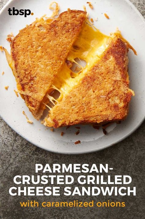 Who says the cheese in a grilled cheese is limited to the inside? Caramelized onions and crusted parmesan make this sammy a super one. Parmesan Crusted Bread, Mascarpone Grilled Cheese, Parm Crusted Grilled Cheese, Grilled Cheese With Parmesan Crust, Parmesan Crusted Grilled Cheese Sandwich, Inside Out Grilled Cheese Sandwich, Inside Out Grilled Cheese, Cheese Crusted Grilled Cheese, Parmesan Crusted Grilled Cheese