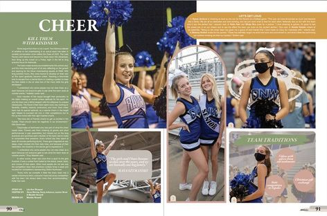 Yearbook Cheer Spreads, Homecoming Court Yearbook Spreads, Cheer Yearbook Spread, Cottagecore Yearbook, Yearbook Photography, Yearbook Inspiration, Yearbook Template, Sideline Cheer, Yearbook Spreads